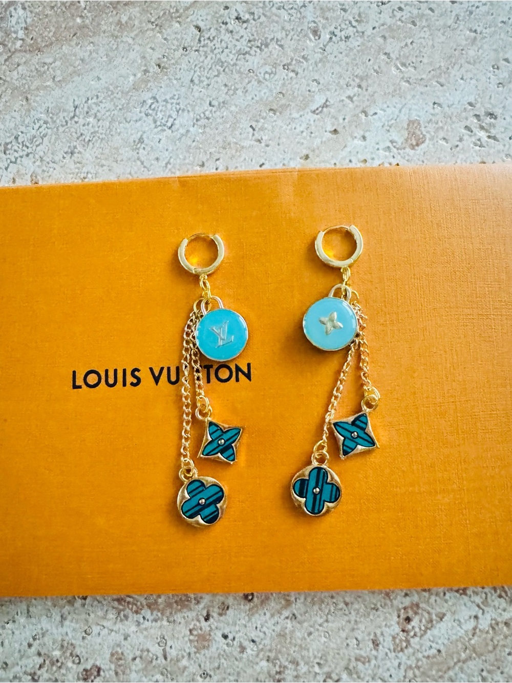 LV Authentic Hardware on 18k Gold Hoop Earrings w/Accents - Picture 1 of 3